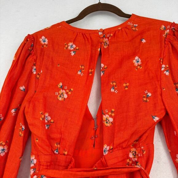 Free People Mini Dress Size 4 Orange Floral Belted Faux Wrap Balloon Sleeves - Picture 9 of 13